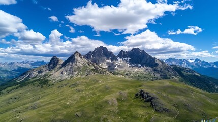 Aufkleber - Stunning aerial view of majestic mountains under a vibrant blue sky with fluffy clouds : Generative AI