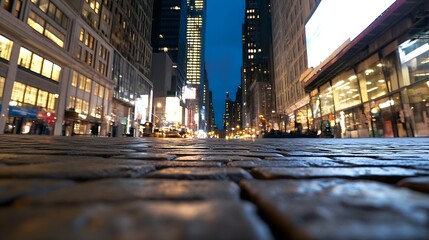 Poster - Urban night scene showing vibrant city lights shining along cobblestone streets : Generative AI