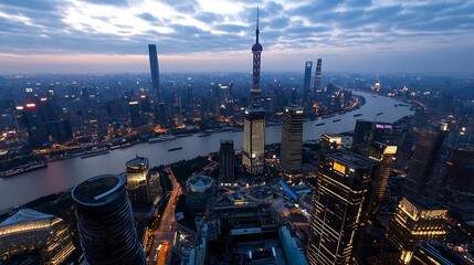 Poster - Stunning aerial view of bustling Shanghai city skyline illuminated at dusk over winding river : Generative AI
