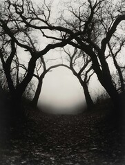 Poster - Mysterious foggy path framed by leafless trees creating an enchanting atmosphere : Generative AI