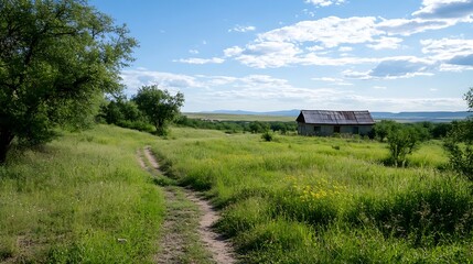 Poster - Rustic countryside scenery featuring an old barn surrounded by lush green fields and blue sky : Generative AI
