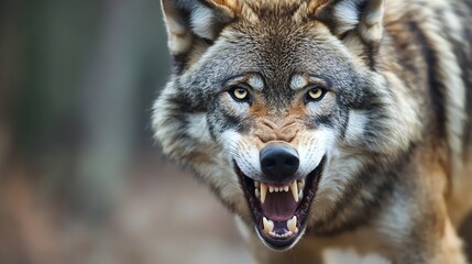 Aufkleber - Fierce wolf with bared teeth showcasing strength and wild nature in a captivating closeup shot : Generative AI