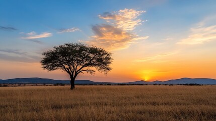 Poster - A majestic silhouette of an acacia tree at sunset surrounded by golden grasslands under a colorful evening sky : Generative AI