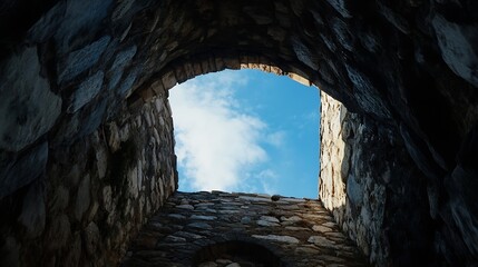 Aufkleber - Unique perspective looking up through an ancient stone archway into a bright blue sky illuminated by clouds : Generative AI