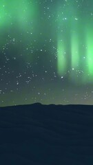 Wall Mural - vertical 9:16 A snowy cliff with glowing hues of an aurora borealis. The snow reflects faint green and purple light from the sky. Nature surreal aesthetic