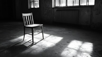 Poster - Lonely wooden chair casting intricate shadows in an abandoned room filled with natural light : Generative AI