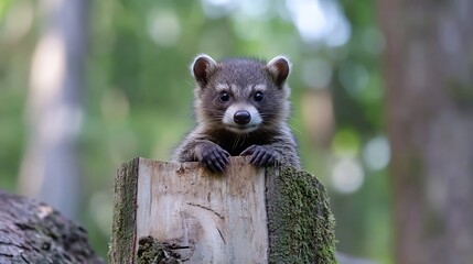 Aufkleber - Adorable young raccoon peeking over a wooden log in a natural forest habitat amidst greenery : Generative AI