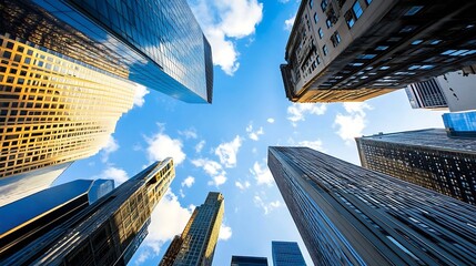 Fototapete - Dramatic low angle view of towering skyscrapers against a bright blue sky with fluffy white clouds creating a dynamic cityscape : Generative AI