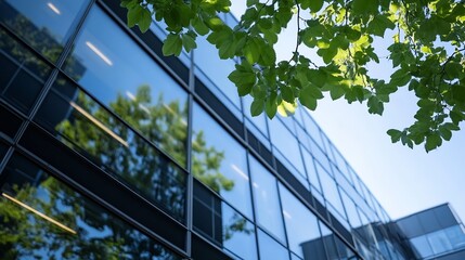 Aufkleber - Modern office building reflecting greenery and blue sky in urban setting : Generative AI