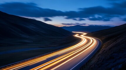 Aufkleber - Long exposure of winding road at night with light trails and dark mountain backdrop : Generative AI