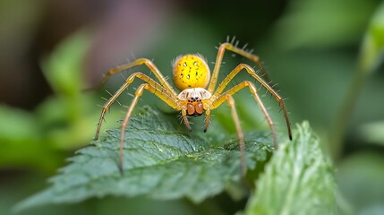 Poster - CloseUp of a Vibrant Yellow Spider Resting on a Leaf in Natural Habitat : Generative AI