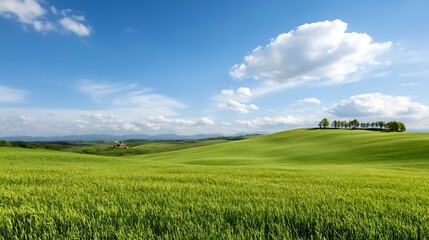 Poster - Wide Open Green Landscape Under Bright Blue Sky with Fluffy Clouds : Generative AI