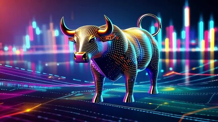 Poster - Golden Bull in Futuristic Financial Landscape: A striking, metallic bull, a symbol of market strength, stands amidst a vibrant, futuristic depiction of financial data.