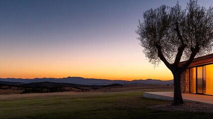Poster - Breathtaking sunset over rolling hills featuring a solitary tree and a modern building creating harmony : Generative AI