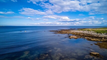 Poster - Stunning coastal landscape with calm blue waters meeting rocky shores under a picturesque sky filled with clouds : Generative AI