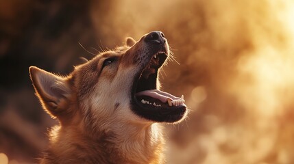 Poster - Majestic close up of a howling dog with a sunlit background highlighting its fur : Generative AI