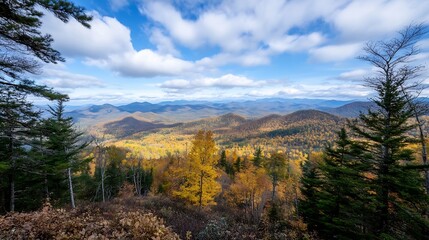 Poster - A breathtaking view of autumn foliage across rolling mountains under a dramatic sky filled with clouds : Generative AI