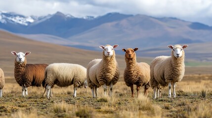 Poster - Herd of sheep grazing peacefully on a lush hillside with mountains in the background during daytime : Generative AI