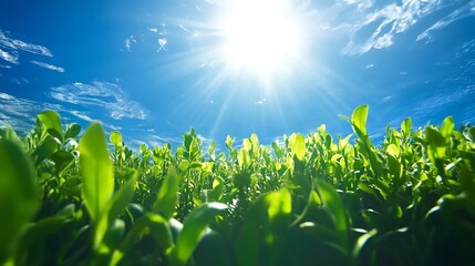 Poster - Vibrant Green Crops with Bright Sunlight and Blue Sky Creating a Picturesque Landscape : Generative AI