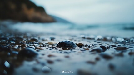 Fototapete - Closeup of smooth pebbles on a wet beach with gentle ocean waves in a moody atmosphere : Generative AI