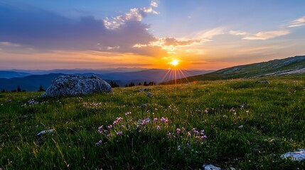 Poster - Breathtaking Sunset Over Majestic Mountains Surrounded by Colorful Wildflowers in the Meadow : Generative AI