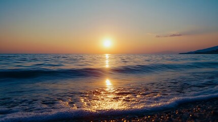 Poster - Beautiful sunset over calm ocean waves creating a serene beach atmosphere at dusk : Generative AI