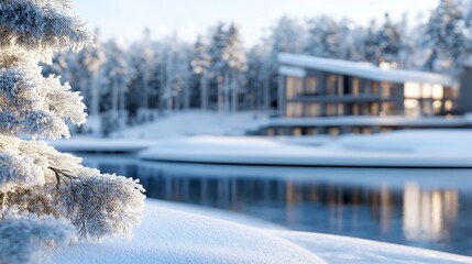 Poster - Modern architectural house near serene snowy lake surrounded by frosted trees in winter landscape : Generative AI