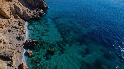 Aufkleber - Aerial View of Clear Blue Waters and Rocky Shoreline from Above Showcasing Nature's Beauty : Generative AI