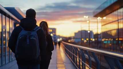 Aufkleber - Silhouette of two people walking on a paved path with urban skyline at sunset : Generative AI
