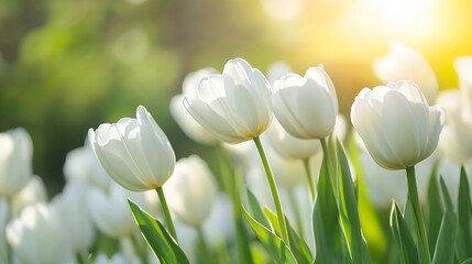 Aufkleber - A beautiful cluster of white tulips is illuminated by soft sunlight in a peaceful garden setting during spring : Generative AI