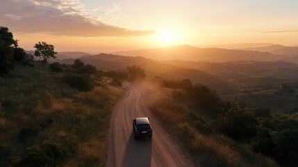 Aufkleber - Aerial view of a winding road through green hills under a stunning sunset sky : Generative AI