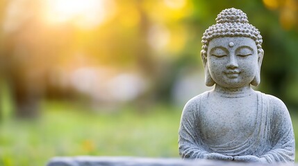 Aufkleber - Calm Buddha Statue During Golden Hour Surrounded by Lush Green Nature : Generative AI