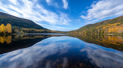 Aufkleber - Breathtaking landscape of a tranquil lake reflecting vibrant autumn colors under a clear blue sky : Generative AI