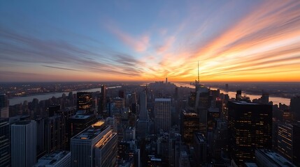 Poster - Stunning city skyline at twilight with colorful clouds and towering skyscrapers : Generative AI