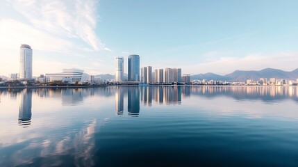 Poster - Calm Urban Landscape with Skyscrapers Reflected in Still Water at Sunset : Generative AI