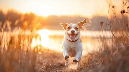 Poster - Happy playful dog running through a grassy area beside a beautiful sunset by the water : Generative AI