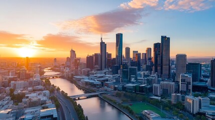 Poster - Stunning Aerial View of a Vibrant City Skyline at Sunset Over the River : Generative AI