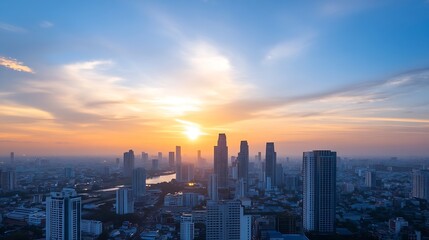 Poster - Panoramic city skyline at sunset showcasing modern skyscrapers against a vibrant orange sky : Generative AI