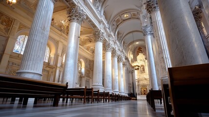 Poster - Majestic interior view of an ancient cathedral featuring magnificent columns and beautiful stained glass windows : Generative AI