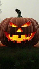 Wall Mural - vertical 9:16 A massive jack-o'-lantern glows ominously in the middle of a foggy field. Faint shadows stretch out as the soft light pierces the dense mist. Halloween surreal aesthetic