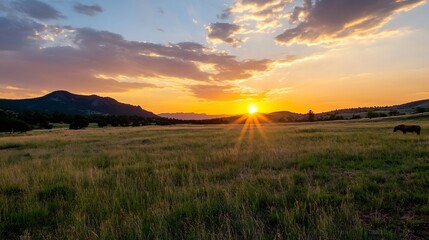 Aufkleber - Stunning sunset over mountain fields casting golden light on serene landscape : Generative AI