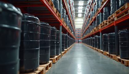 Aufkleber - Warehouse filled with rows of stacked black containers. Industrial storage, logistic, supply chain, inventory management, shipping, freight, cargo, transport, movement. Metal racks, wooden pallets.