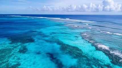 Poster - Stunning Aerial View of Turquoise Ocean Waters and Coral Reefs Under a Bright Cloudy Sky : Generative AI