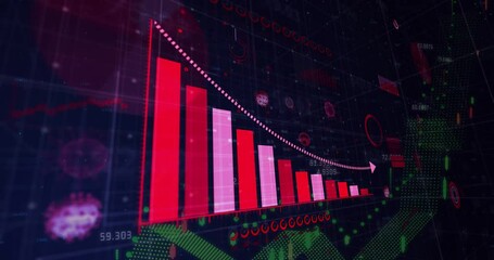Poster - Red and white bar graph showing downward trend over digital data animation