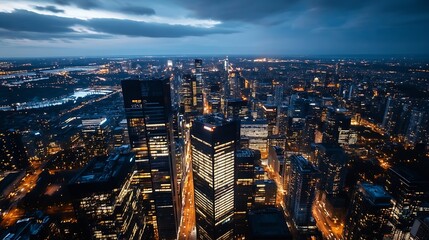 Poster - Aerial View of a Beautiful City Lit Up at Night with Skyscrapers and Bright Lights : Generative AI