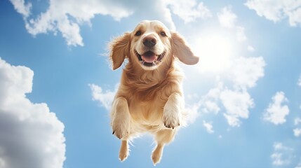 Aufkleber - Joyful Golden Retriever Dog Jumping in the Air Against a Bright Blue Sky with Clouds : Generative AI