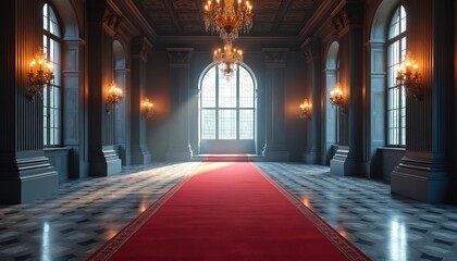 Aufkleber - Long red carpet leads hall with classical decorations, chandeliers, large windows. Dark wall colors. Light streams through windows into room. Architecture, interior design, luxury, history, palace.