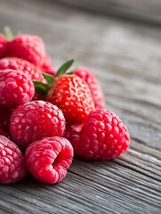 Poster - Freshly picked vibrant raspberries and strawberries on a weathered wooden table for summer desserts : Generative AI