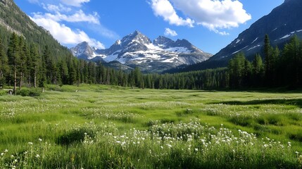 Poster - Breathtaking Lush Green Meadow Surrounded by Majestic Mountains Under Clear Blue Sky : Generative AI