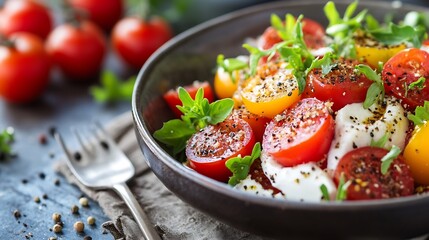 Poster - Fresh vibrant salad with colorful tomatoes and herbs arranged beautifully on a plate for healthy eating : Generative AI